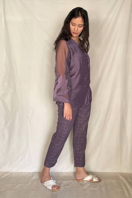 Chambray & Co. Purple Chanderi Tissue, Vegan Silk V Neck Embroidered Shirt With Pants Online at Aza Fashions Chambray & Co._Purple Chanderi Tissue, Vegan Silk V Neck Embroidered Shirt With Pants_Online_at_Aza_Fashions