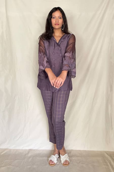 Buy Chambray & Co. Purple Chanderi Tissue, Vegan Silk V Neck Embroidered Shirt With Pants Online at Aza Fashions Buy_Chambray & Co._Purple Chanderi Tissue, Vegan Silk V Neck Embroidered Shirt With Pants_Online_at_Aza_Fashions