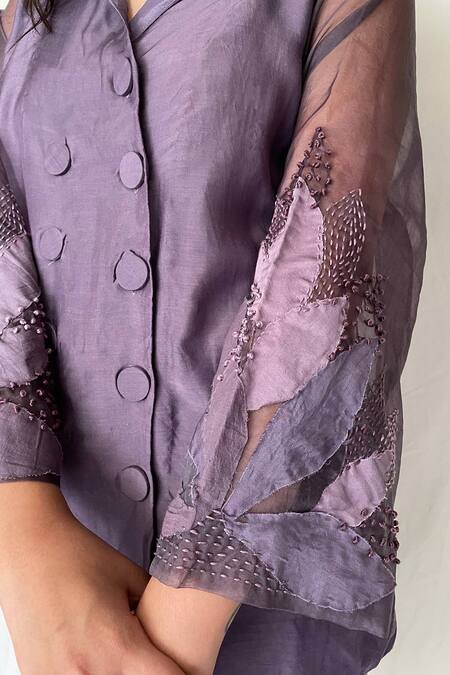 Chambray & Co. Purple Chanderi Tissue, Vegan Silk V Neck Embroidered Shirt With Pants at Aza Fashions Chambray & Co._Purple Chanderi Tissue, Vegan Silk V Neck Embroidered Shirt With Pants_at_Aza_Fashions