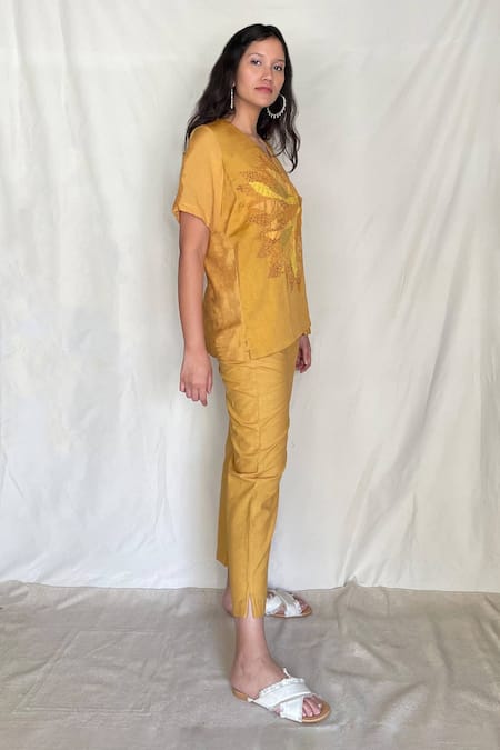 Chambray & CO._Yellow Chanderi Tissue, Vegan Silk V Neck Embroidered Shirt With Pants_Online_at_Aza_Fashions