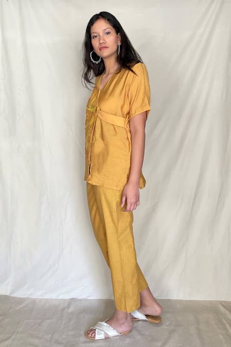 Buy_Chambray & CO._Yellow Chanderi Tissue, Vegan Silk V Neck Embroidered Shirt With Pants_Online_at_Aza_Fashions