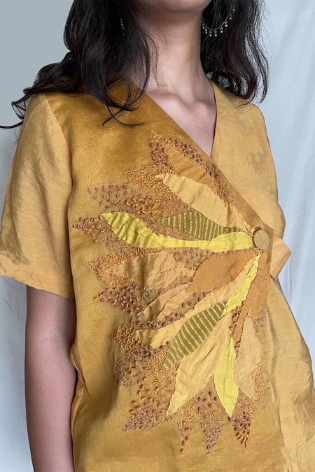 Chambray & CO._Yellow Chanderi Tissue, Vegan Silk V Neck Embroidered Shirt With Pants_at_Aza_Fashions
