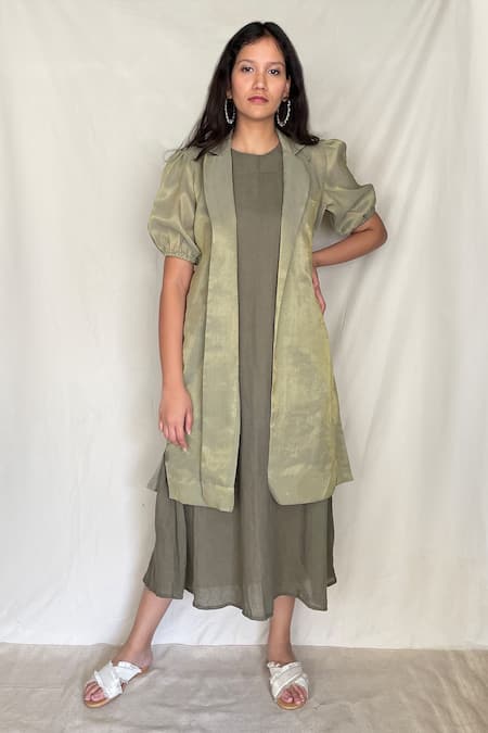 Chambray & CO. Green Chanderi Tissue, Vegan Silk Open Jacket 