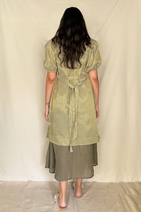 Shop Chambray & CO. Green Chanderi Tissue, Vegan Silk Open Jacket at Aza Fashions Shop_Chambray & CO._Green Chanderi Tissue, Vegan Silk Open Jacket _at_Aza_Fashions