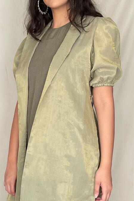 Shop Chambray & CO. Green Chanderi Tissue, Vegan Silk Open Jacket Online at Aza Fashions Shop_Chambray & CO._Green Chanderi Tissue, Vegan Silk Open Jacket _Online_at_Aza_Fashions