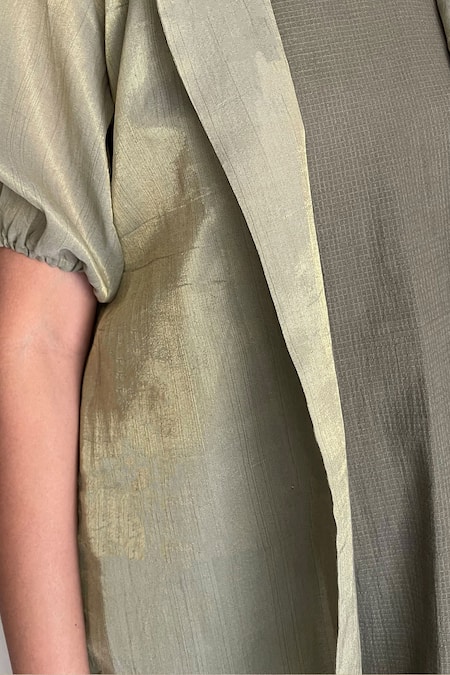 Chambray & CO. Green Chanderi Tissue, Vegan Silk Open Jacket at Aza Fashions Chambray & CO._Green Chanderi Tissue, Vegan Silk Open Jacket _at_Aza_Fashions