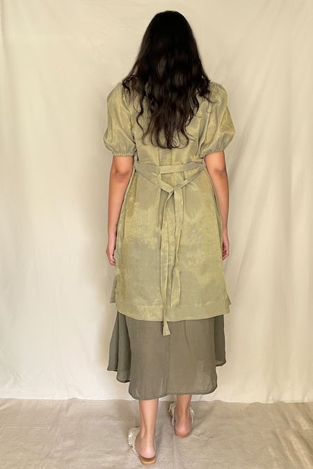 Shop Chambray & CO. Green Chanderi Tissue, Vegan Silk Dress Roundjacket Open Midi With Jacket at Aza Fashions Shop_Chambray & CO._Green Chanderi Tissue, Vegan Silk Dress Roundjacket Open Midi With Jacket _at_Aza_Fashions