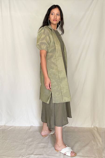 Chambray & CO. Green Chanderi Tissue, Vegan Silk Dress Roundjacket Open Midi With Jacket Online at Aza Fashions Chambray & CO._Green Chanderi Tissue, Vegan Silk Dress Roundjacket Open Midi With Jacket _Online_at_Aza_Fashions