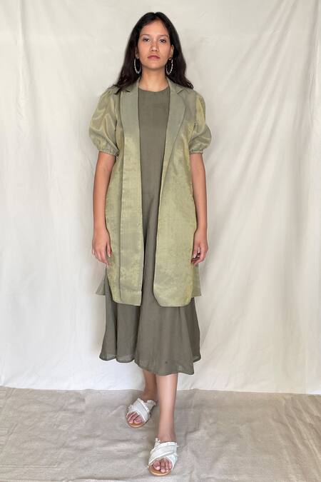 Buy Chambray & CO. Green Chanderi Tissue, Vegan Silk Dress Roundjacket Open Midi With Jacket Online at Aza Fashions Buy_Chambray & CO._Green Chanderi Tissue, Vegan Silk Dress Roundjacket Open Midi With Jacket _Online_at_Aza_Fashions
