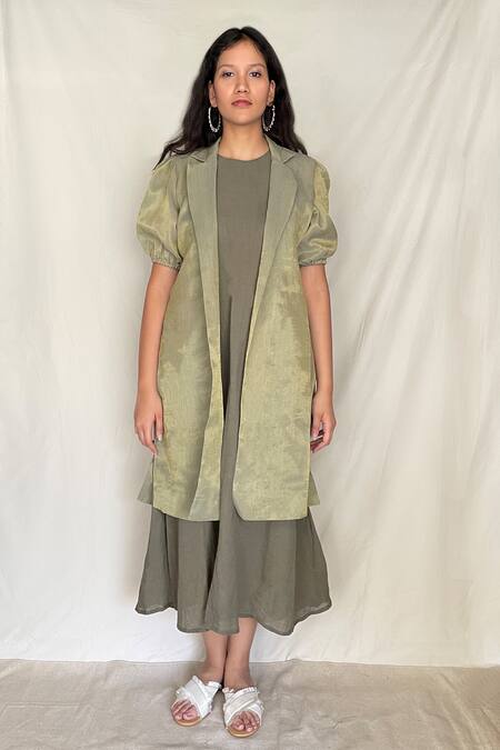Shop Chambray & CO. Green Chanderi Tissue, Vegan Silk Dress Roundjacket Open Midi With Jacket Online at Aza Fashions Shop_Chambray & CO._Green Chanderi Tissue, Vegan Silk Dress Roundjacket Open Midi With Jacket _Online_at_Aza_Fashions
