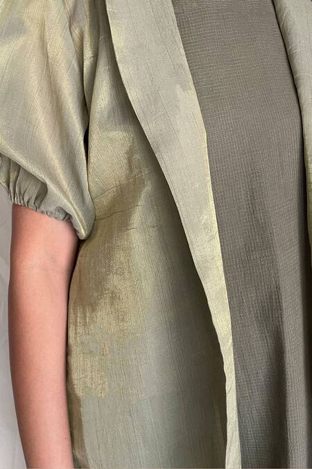 Chambray & CO. Green Chanderi Tissue, Vegan Silk Dress Roundjacket Open Midi With Jacket at Aza Fashions Chambray & CO._Green Chanderi Tissue, Vegan Silk Dress Roundjacket Open Midi With Jacket _at_Aza_Fashions