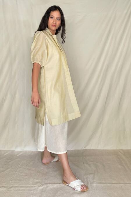 Chambray & CO._Beige Chanderi Tissue, Vegan Silk Open Jacket _Online_at_Aza_Fashions