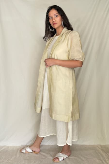 Buy_Chambray & CO._Beige Chanderi Tissue, Vegan Silk Open Jacket _Online_at_Aza_Fashions