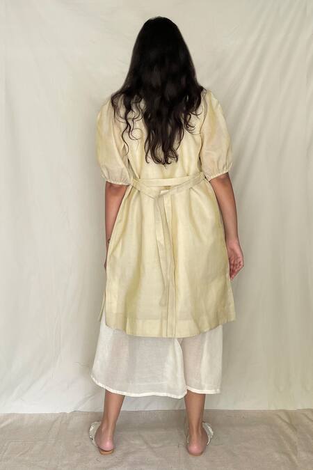 Shop_Chambray & CO._Beige Chanderi Tissue, Vegan Silk Open Jacket _Online_at_Aza_Fashions