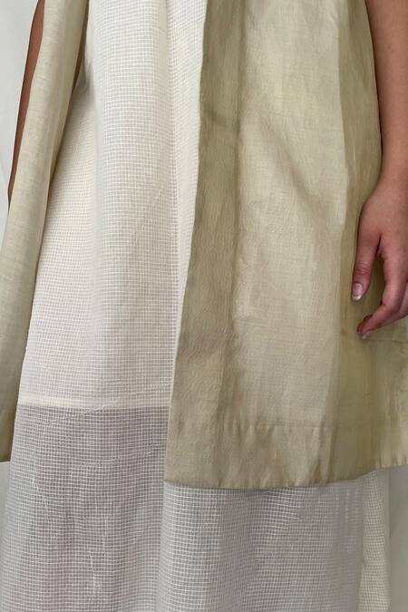 Chambray & CO._Beige Chanderi Tissue, Vegan Silk Open Jacket _at_Aza_Fashions