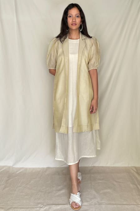 Chambray & CO. Ivory Chanderi Tissue, Vegan Silk Dress  Roundjacket  Open Midi With Jacket 