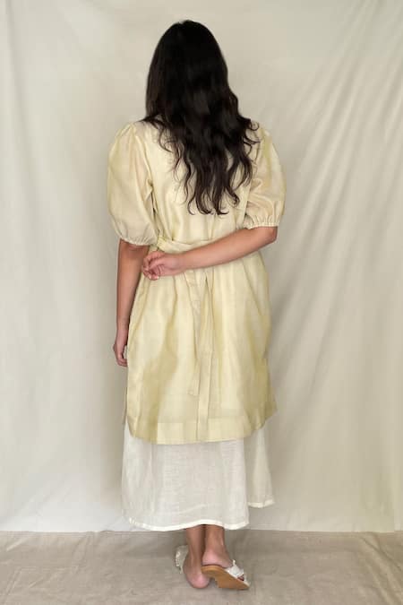 Shop Chambray & CO. Ivory Chanderi Tissue, Vegan Silk Dress Roundjacket Open Midi With Jacket at Aza Fashions Shop_Chambray & CO._Ivory Chanderi Tissue, Vegan Silk Dress Roundjacket Open Midi With Jacket _at_Aza_Fashions