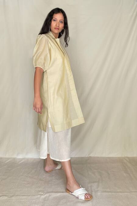 Chambray & CO. Ivory Chanderi Tissue, Vegan Silk Dress Roundjacket Open Midi With Jacket Online at Aza Fashions Chambray & CO._Ivory Chanderi Tissue, Vegan Silk Dress Roundjacket Open Midi With Jacket _Online_at_Aza_Fashions