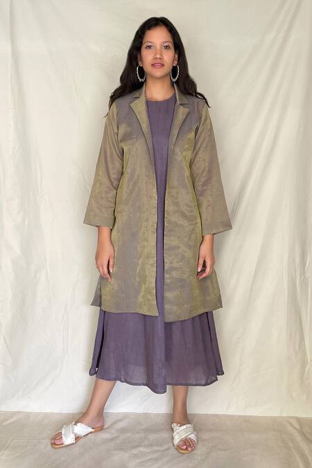 Buy Chambray & CO. Purple Chanderi Tissue, Vegan Silk Dress Roundjacket Midi With Jacket Online at Aza Fashions Buy_Chambray & CO._Purple Chanderi Tissue, Vegan Silk Dress Roundjacket Midi With Jacket _Online_at_Aza_Fashions