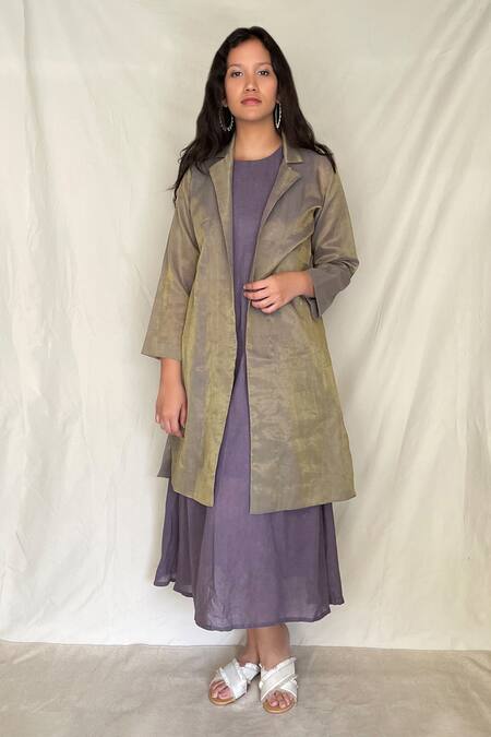Shop Chambray & CO. Purple Chanderi Tissue, Vegan Silk Dress Roundjacket Midi With Jacket Online at Aza Fashions Shop_Chambray & CO._Purple Chanderi Tissue, Vegan Silk Dress Roundjacket Midi With Jacket _Online_at_Aza_Fashions