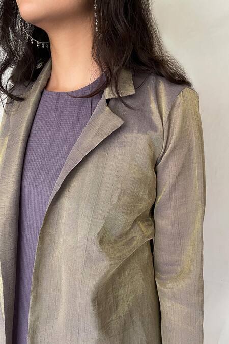 Chambray & CO. Purple Chanderi Tissue, Vegan Silk Dress Roundjacket Midi With Jacket at Aza Fashions Chambray & CO._Purple Chanderi Tissue, Vegan Silk Dress Roundjacket Midi With Jacket _at_Aza_Fashions