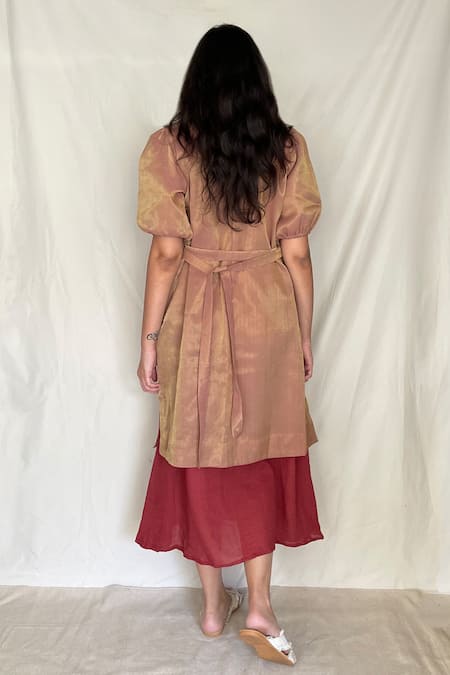 Shop Chambray & CO. Beige Chanderi Tissue, Vegan Silk Open Jacket at Aza Fashions Shop_Chambray & CO._Beige Chanderi Tissue, Vegan Silk Open Jacket _at_Aza_Fashions