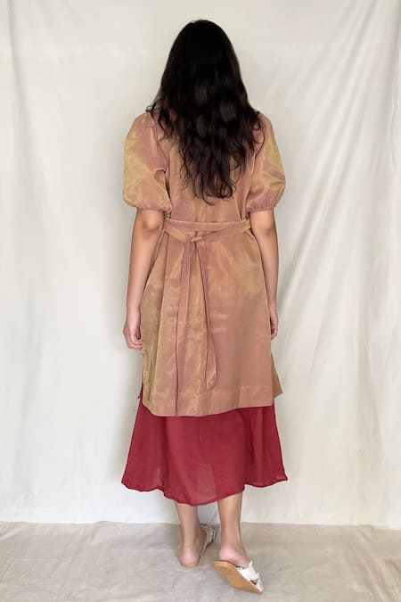 Shop Chambray & CO. Red Chanderi Tissue, Vegan Silk Dress Roundjacket Open Midi With Jacket at Aza Fashions Shop_Chambray & CO._Red Chanderi Tissue, Vegan Silk Dress Roundjacket Open Midi With Jacket _at_Aza_Fashions