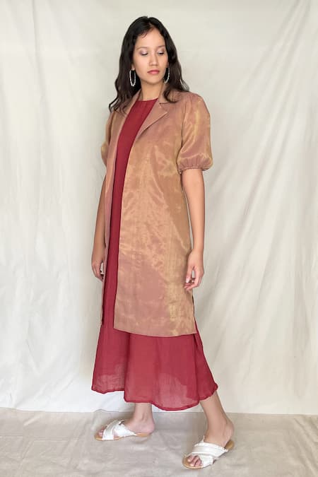 Buy Chambray & CO. Red Chanderi Tissue, Vegan Silk Dress Roundjacket Open Midi With Jacket Online at Aza Fashions Buy_Chambray & CO._Red Chanderi Tissue, Vegan Silk Dress Roundjacket Open Midi With Jacket _Online_at_Aza_Fashions