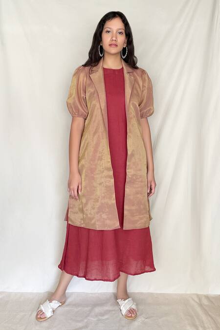 Shop Chambray & CO. Red Chanderi Tissue, Vegan Silk Dress Roundjacket Open Midi With Jacket Online at Aza Fashions Shop_Chambray & CO._Red Chanderi Tissue, Vegan Silk Dress Roundjacket Open Midi With Jacket _Online_at_Aza_Fashions
