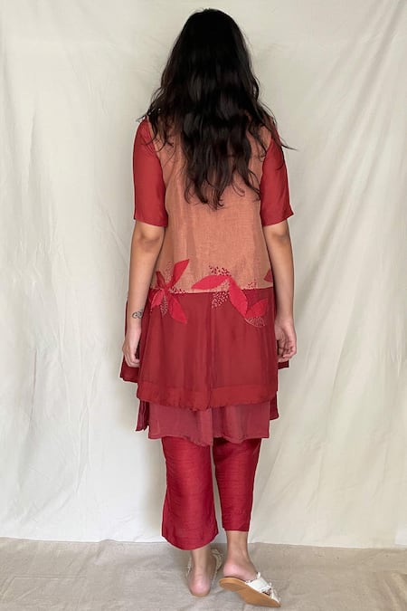 Shop Chambray & CO. Red Chanderi Tissue, Vegan Silk Tunic Roundjacket Embroidered With Jacket at Aza Fashions Shop_Chambray & CO._Red Chanderi Tissue, Vegan Silk Tunic Roundjacket Embroidered With Jacket _at_Aza_Fashions