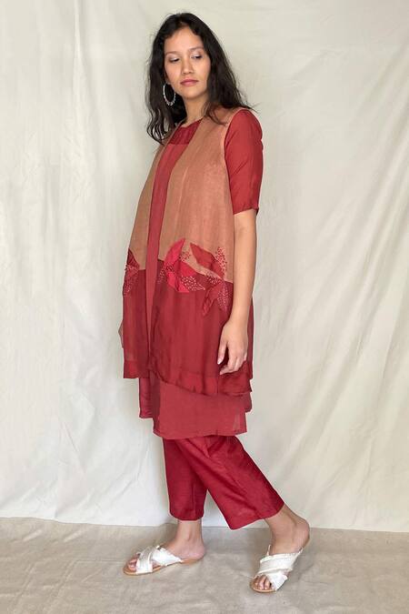 Buy Chambray & CO. Red Chanderi Tissue, Vegan Silk Tunic Roundjacket Embroidered With Jacket Online at Aza Fashions Buy_Chambray & CO._Red Chanderi Tissue, Vegan Silk Tunic Roundjacket Embroidered With Jacket _Online_at_Aza_Fashions