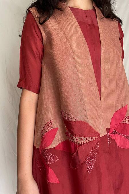 Chambray & CO. Red Chanderi Tissue, Vegan Silk Tunic Roundjacket Embroidered With Jacket at Aza Fashions Chambray & CO._Red Chanderi Tissue, Vegan Silk Tunic Roundjacket Embroidered With Jacket _at_Aza_Fashions