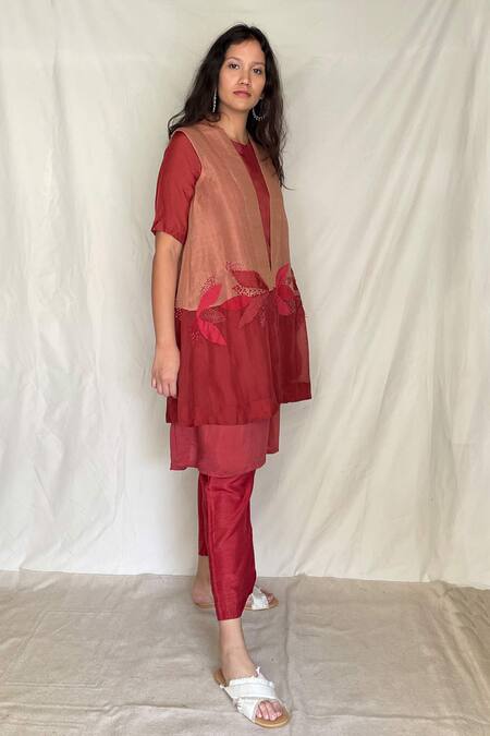 Chambray & CO._Red Chanderi Tissue, Vegan Silk Tunic  Roundjacket  Embroidered Jacket And Set _Online_at_Aza_Fashions
