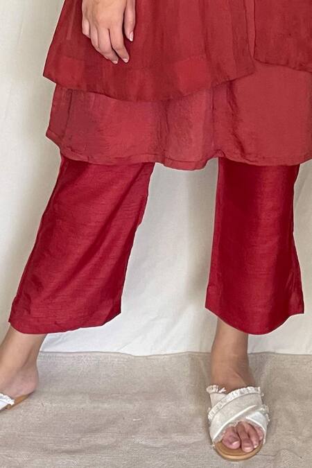 Shop_Chambray & CO._Red Chanderi Tissue, Vegan Silk Tunic  Roundjacket  Embroidered Jacket And Set _Online_at_Aza_Fashions