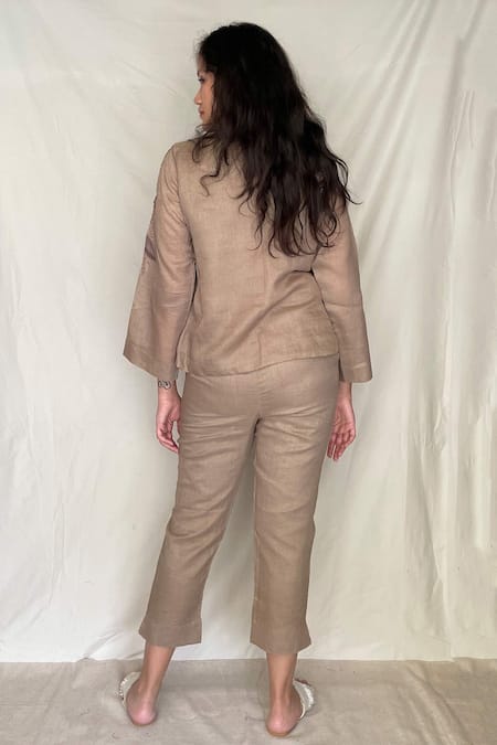 Shop Chambray & CO. Beige Cotton, Chanderi With Zari, Vegan Silk Round Emrboidered Shirt Pants at Aza Fashions Shop_Chambray & CO._Beige Cotton, Chanderi With Zari, Vegan Silk Round Emrboidered Shirt Pants _at_Aza_Fashions