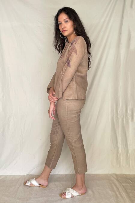 Buy Chambray & CO. Beige Cotton, Chanderi With Zari, Vegan Silk Round Emrboidered Shirt Pants Online at Aza Fashions Buy_Chambray & CO._Beige Cotton, Chanderi With Zari, Vegan Silk Round Emrboidered Shirt Pants _Online_at_Aza_Fashions
