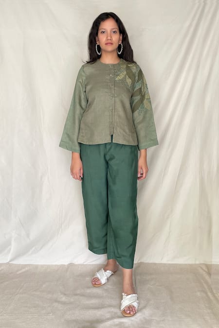Shop Chambray & CO. Green Chanderi Tissue, Vegan Silk Round Embroidered Shirt With Pants at Aza Fashions Shop_Chambray & CO._Green Chanderi Tissue, Vegan Silk Round Embroidered Shirt With Pants _at_Aza_Fashions
