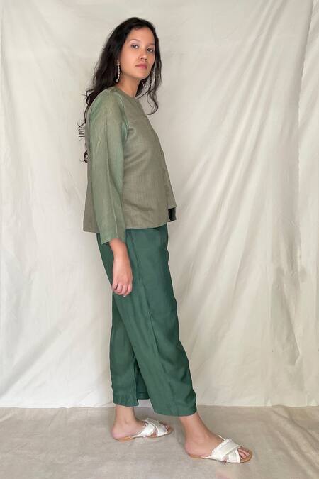 Chambray & CO. Green Chanderi Tissue, Vegan Silk Round Embroidered Shirt With Pants Online at Aza Fashions Chambray & CO._Green Chanderi Tissue, Vegan Silk Round Embroidered Shirt With Pants _Online_at_Aza_Fashions
