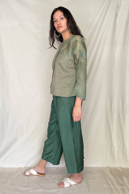 Buy Chambray & CO. Green Chanderi Tissue, Vegan Silk Round Embroidered Shirt With Pants Online at Aza Fashions Buy_Chambray & CO._Green Chanderi Tissue, Vegan Silk Round Embroidered Shirt With Pants _Online_at_Aza_Fashions
