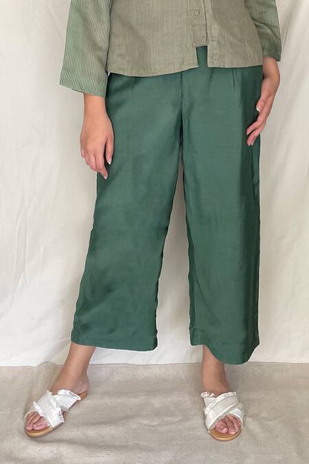 Shop Chambray & CO. Green Chanderi Tissue, Vegan Silk Round Embroidered Shirt With Pants Online at Aza Fashions Shop_Chambray & CO._Green Chanderi Tissue, Vegan Silk Round Embroidered Shirt With Pants _Online_at_Aza_Fashions