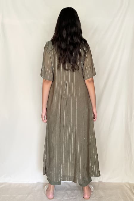 Shop Chambray & CO. Green Chanderi Tissue, Vegan Silk V Neck Embroidered Tunic at Aza Fashions Shop_Chambray & CO._Green Chanderi Tissue, Vegan Silk V Neck Embroidered Tunic _at_Aza_Fashions