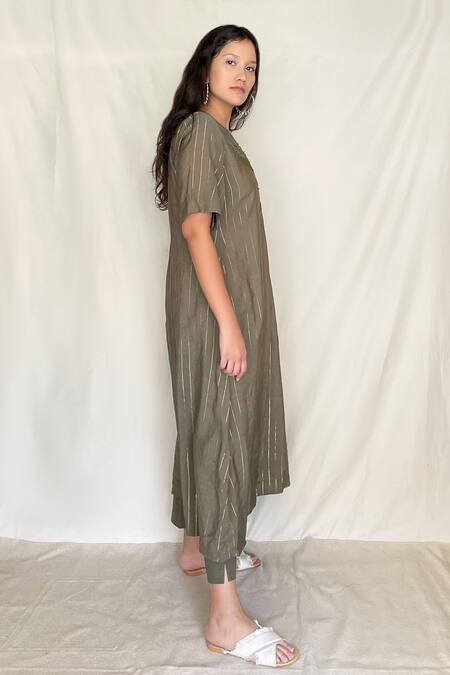 Chambray & CO. Green Chanderi Tissue, Vegan Silk V Neck Embroidered Tunic Online at Aza Fashions Chambray & CO._Green Chanderi Tissue, Vegan Silk V Neck Embroidered Tunic _Online_at_Aza_Fashions