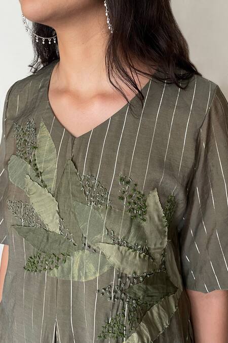 Chambray & CO. Green Chanderi Tissue, Vegan Silk V Neck Embroidered Tunic at Aza Fashions Chambray & CO._Green Chanderi Tissue, Vegan Silk V Neck Embroidered Tunic _at_Aza_Fashions