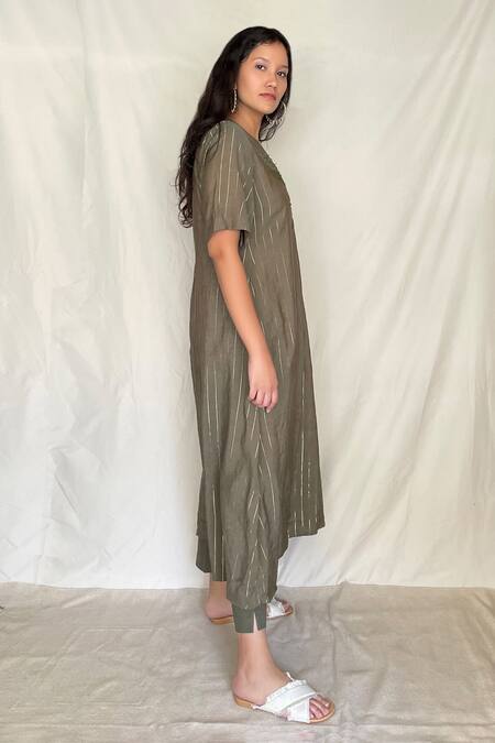 Chambray & CO. Green Chanderi Tissue, Vegan Silk V Neck Embroidered Tunic With Pants Online at Aza Fashions Chambray & CO._Green Chanderi Tissue, Vegan Silk V Neck Embroidered Tunic With Pants _Online_at_Aza_Fashions