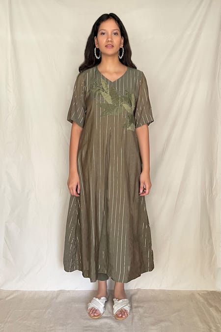 Buy Chambray & CO. Green Chanderi Tissue, Vegan Silk V Neck Embroidered Tunic With Pants Online at Aza Fashions Buy_Chambray & CO._Green Chanderi Tissue, Vegan Silk V Neck Embroidered Tunic With Pants _Online_at_Aza_Fashions