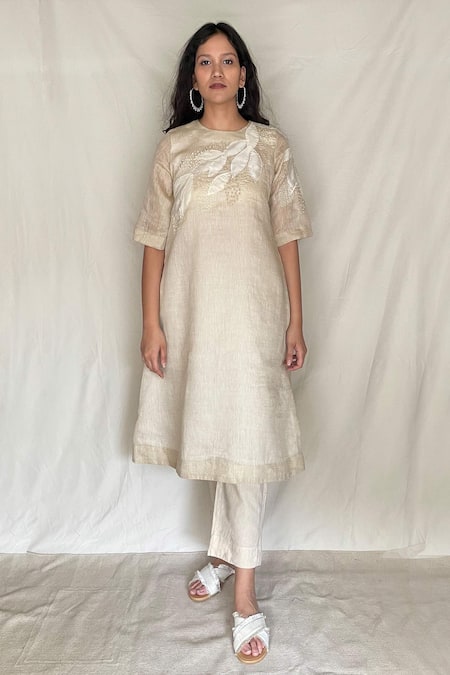 Chambray & CO. White Cotton, Chanderi With Zari Stripes Round Embroidered Tunic 
