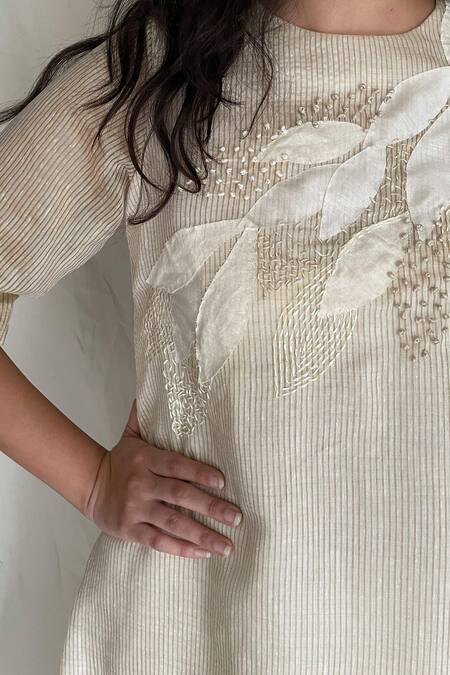 Chambray & CO. White Cotton, Chanderi With Zari Stripes Round Embroidered Tunic at Aza Fashions Chambray & CO._White Cotton, Chanderi With Zari Stripes Round Embroidered Tunic _at_Aza_Fashions