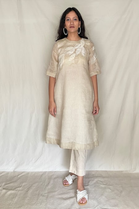 Chambray & CO. White Cotton, Chanderi With Zari Stripes Round Embroidered Tunic Pants 