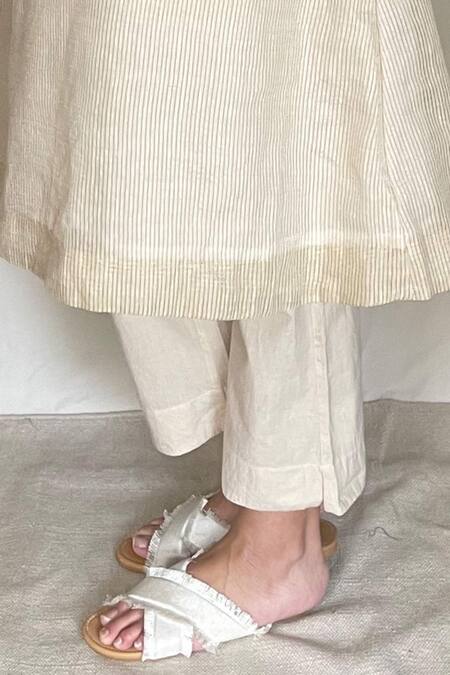 Shop Chambray & CO. White Cotton, Chanderi With Zari Stripes Round Embroidered Tunic Pants Online at Aza Fashions Shop_Chambray & CO._White Cotton, Chanderi With Zari Stripes Round Embroidered Tunic Pants _Online_at_Aza_Fashions