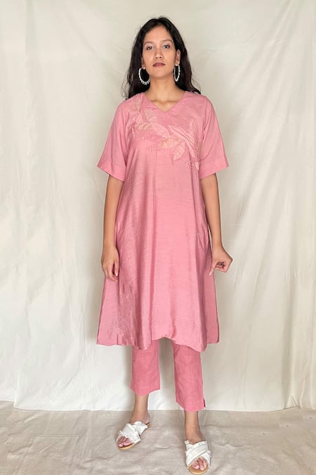 Chambray & Co. Pink Chanderi Tissue Embroidery V Neck Tunic 